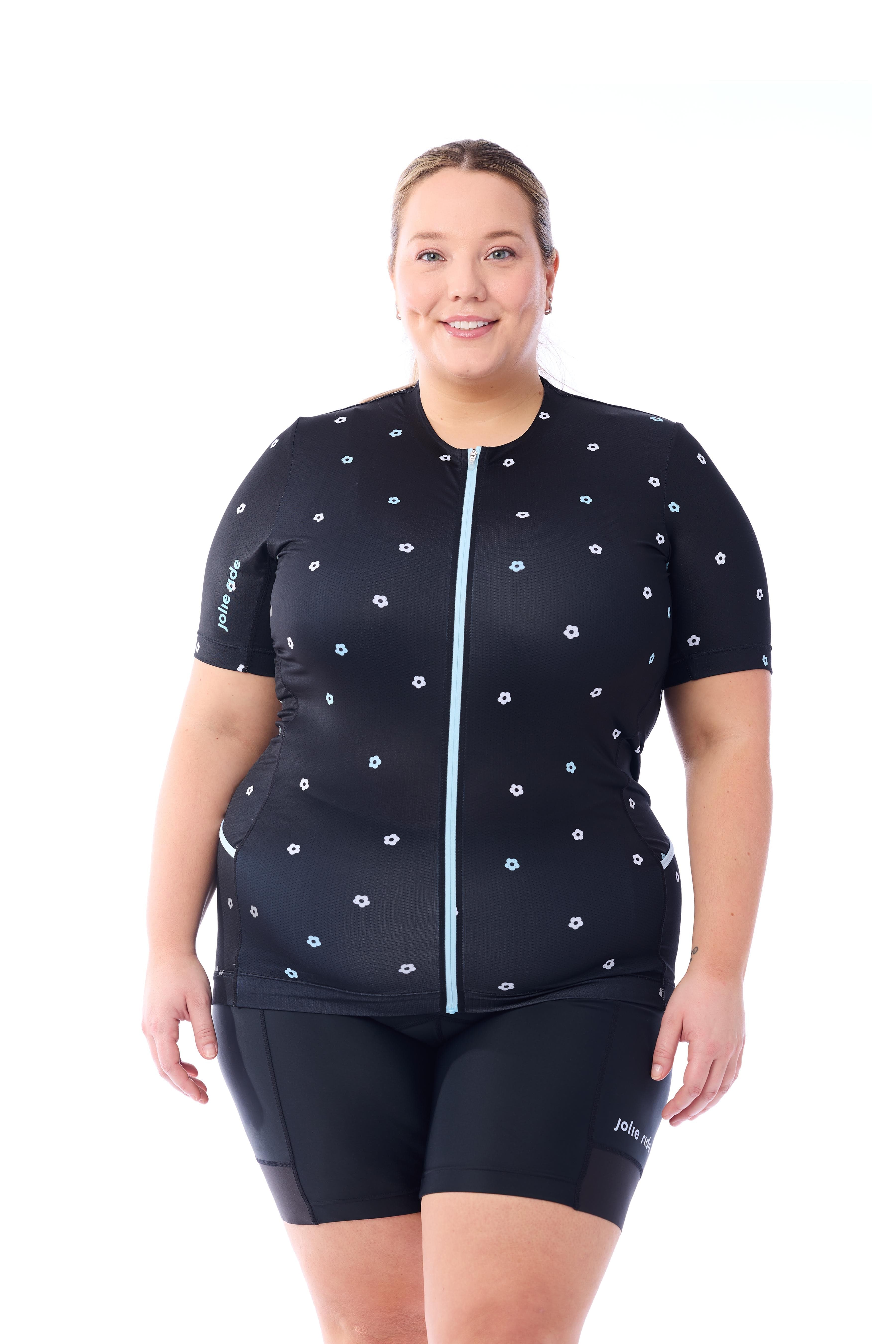 JolieRide Jersey Black Daisy / 1X low collar cycling jersey with UV protection & storage pockets