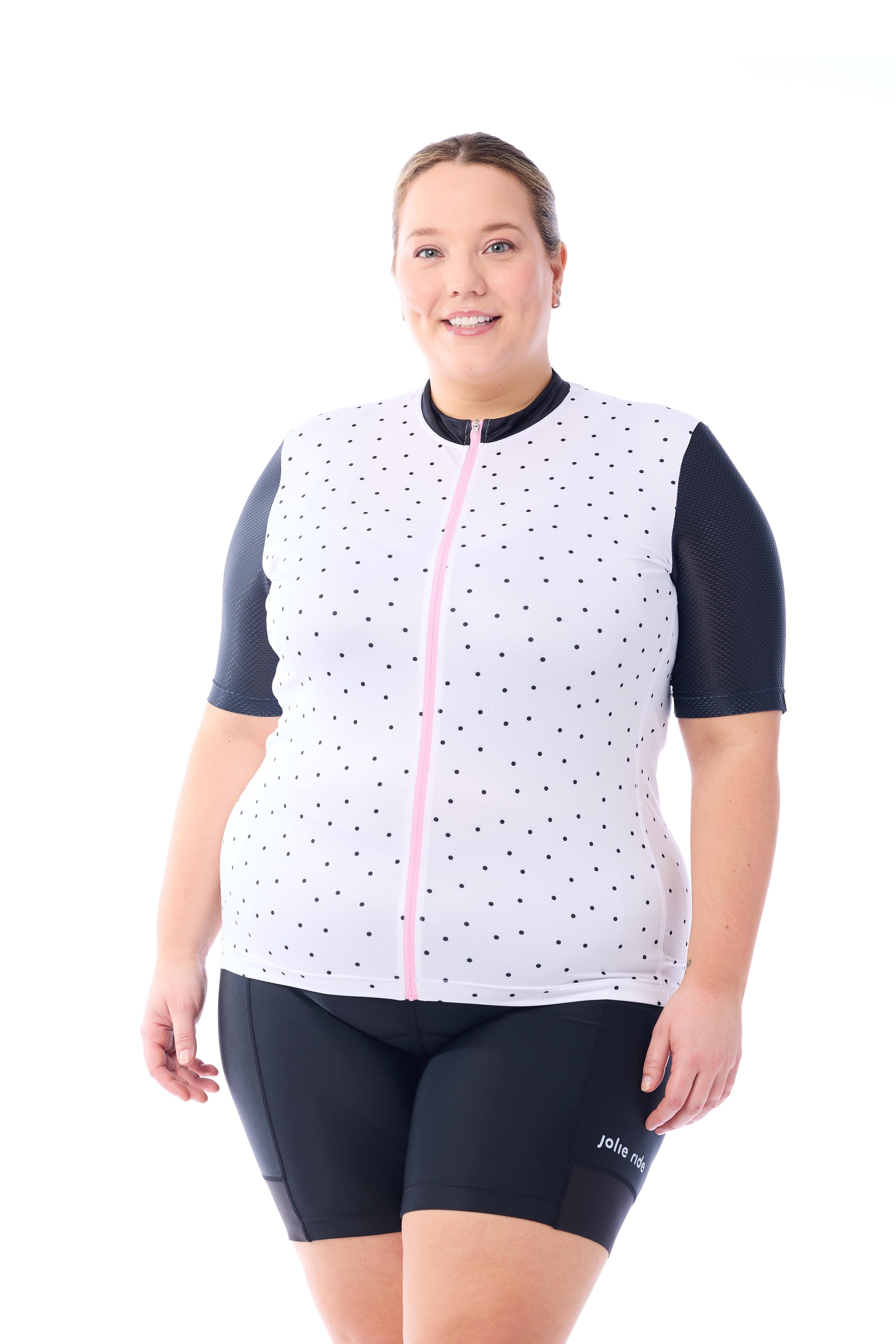 JolieRide Jersey Black Dots / 1X women's cycling jersey with UV protection, breathability, and storage