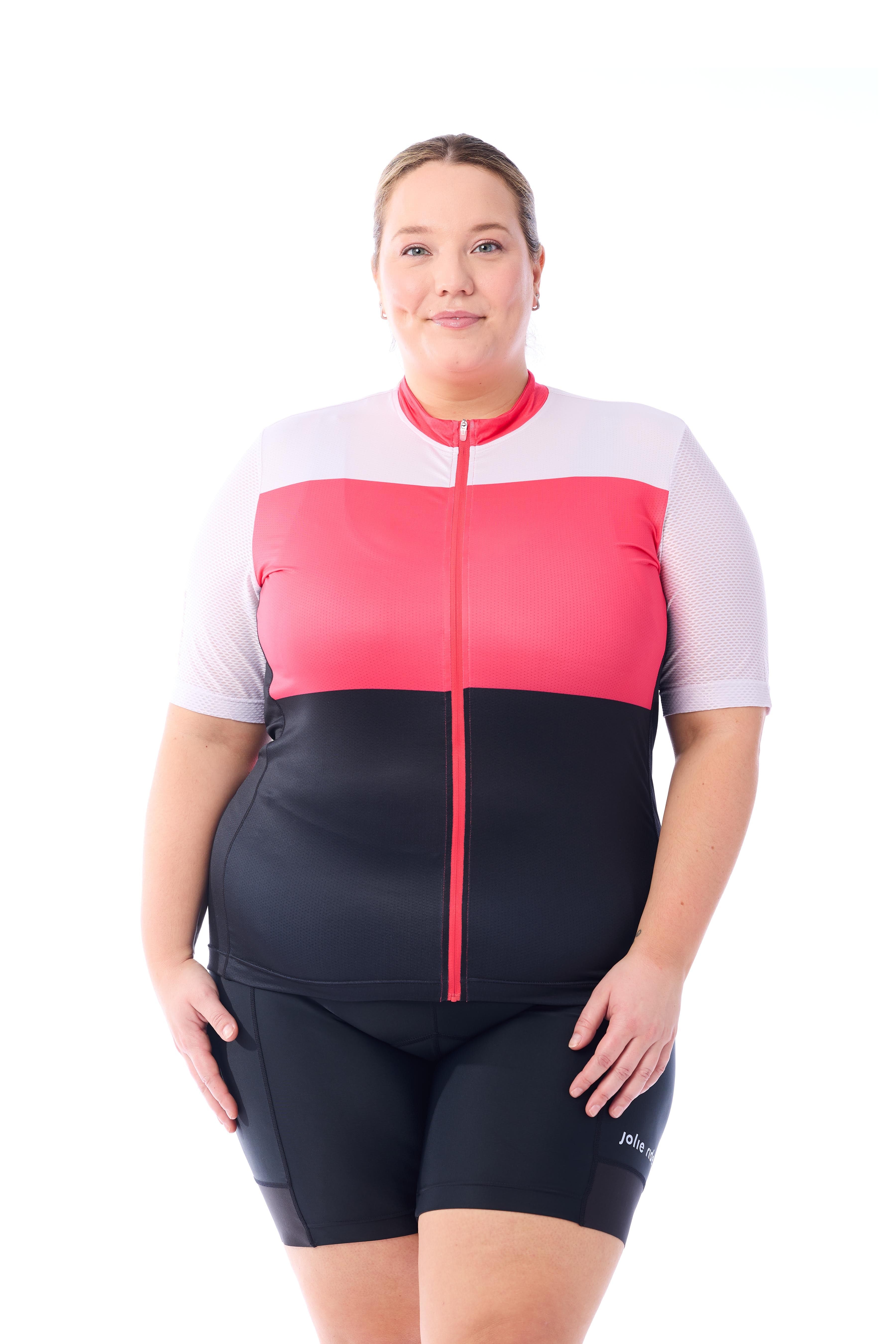 JolieRide Jersey Black Neon Pink / 1X women's colorblock cycling jersey with UV protection, breathability, and storage