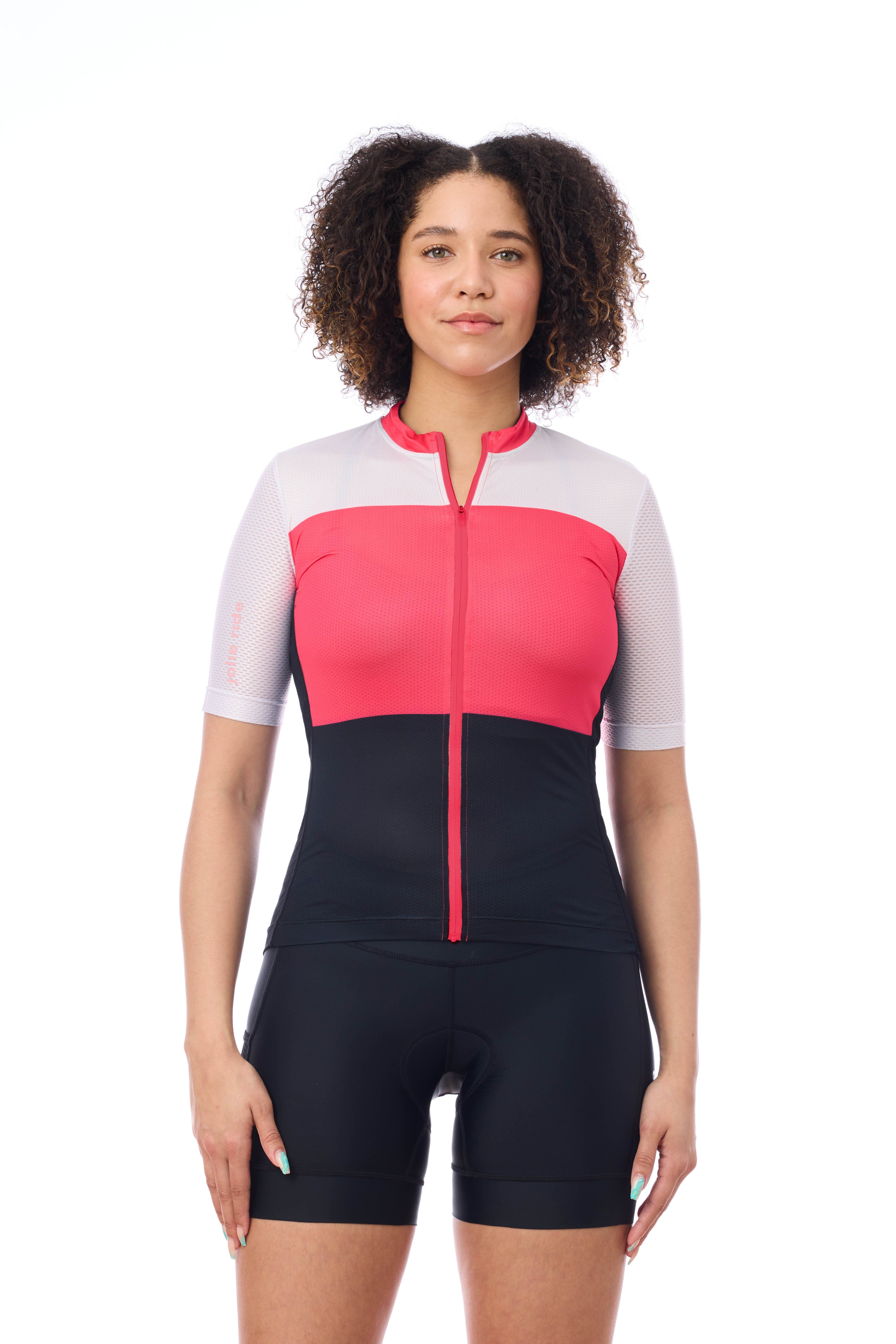 JolieRide Jersey Black Neon Pink / XS women's colorblock cycling jersey with UV protection, breathability, and storage