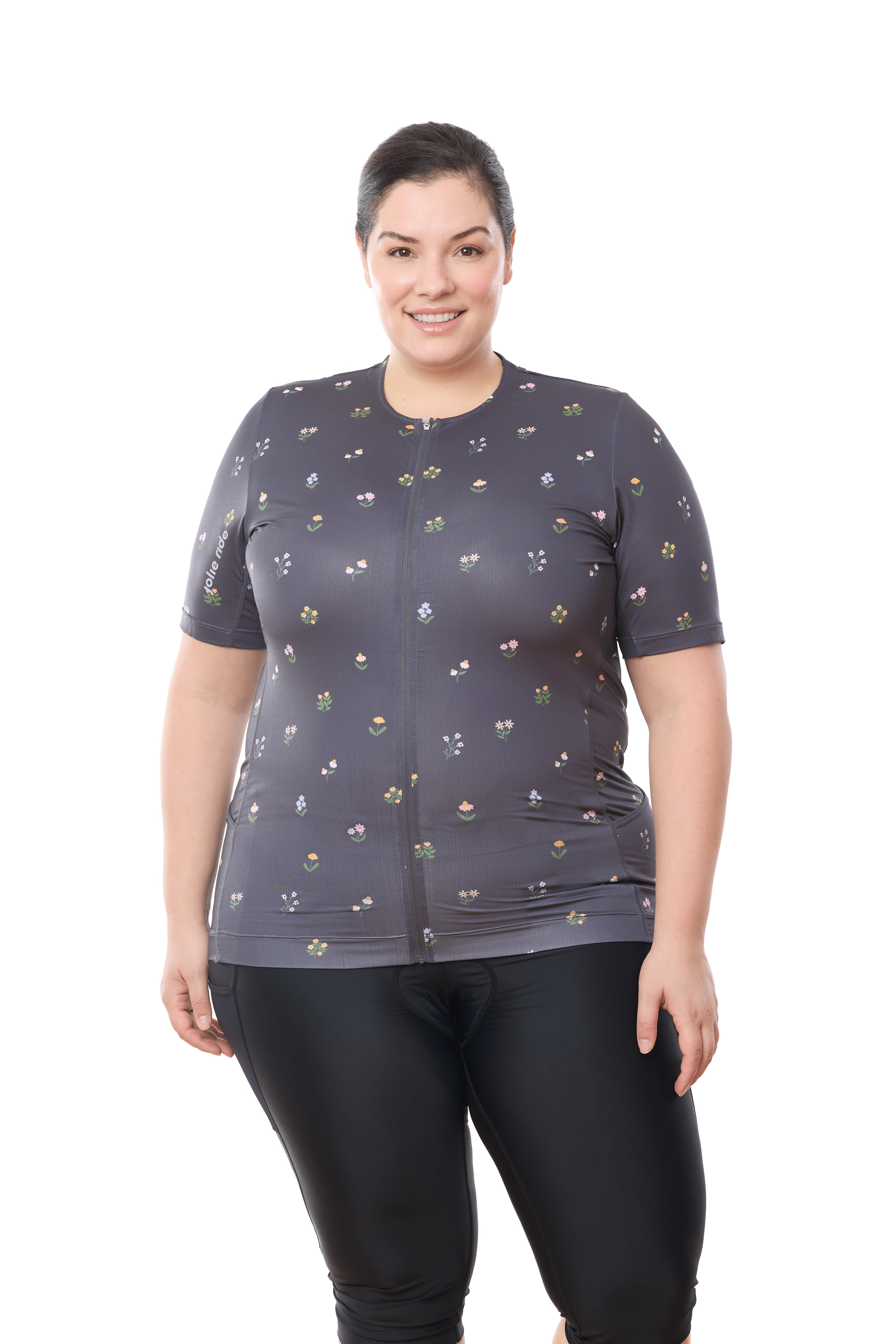 JolieRide Jersey Gray Floral / 1X Women's UV Protective Low Collar Cycling Jersey with Arm Warmers