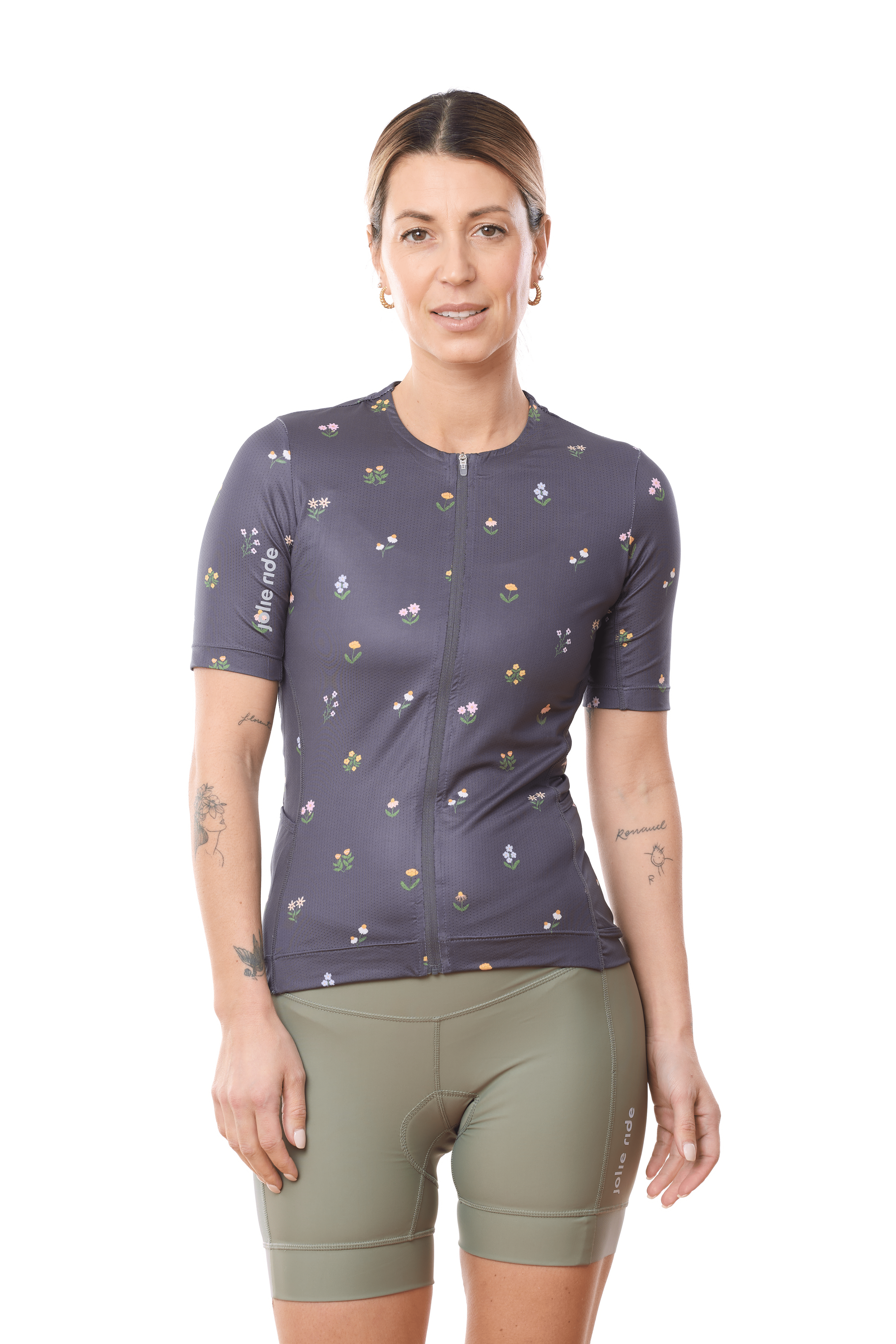 JolieRide Jersey Gray Floral / XS low collar cycling jersey with UV protection & storage pockets (2025)