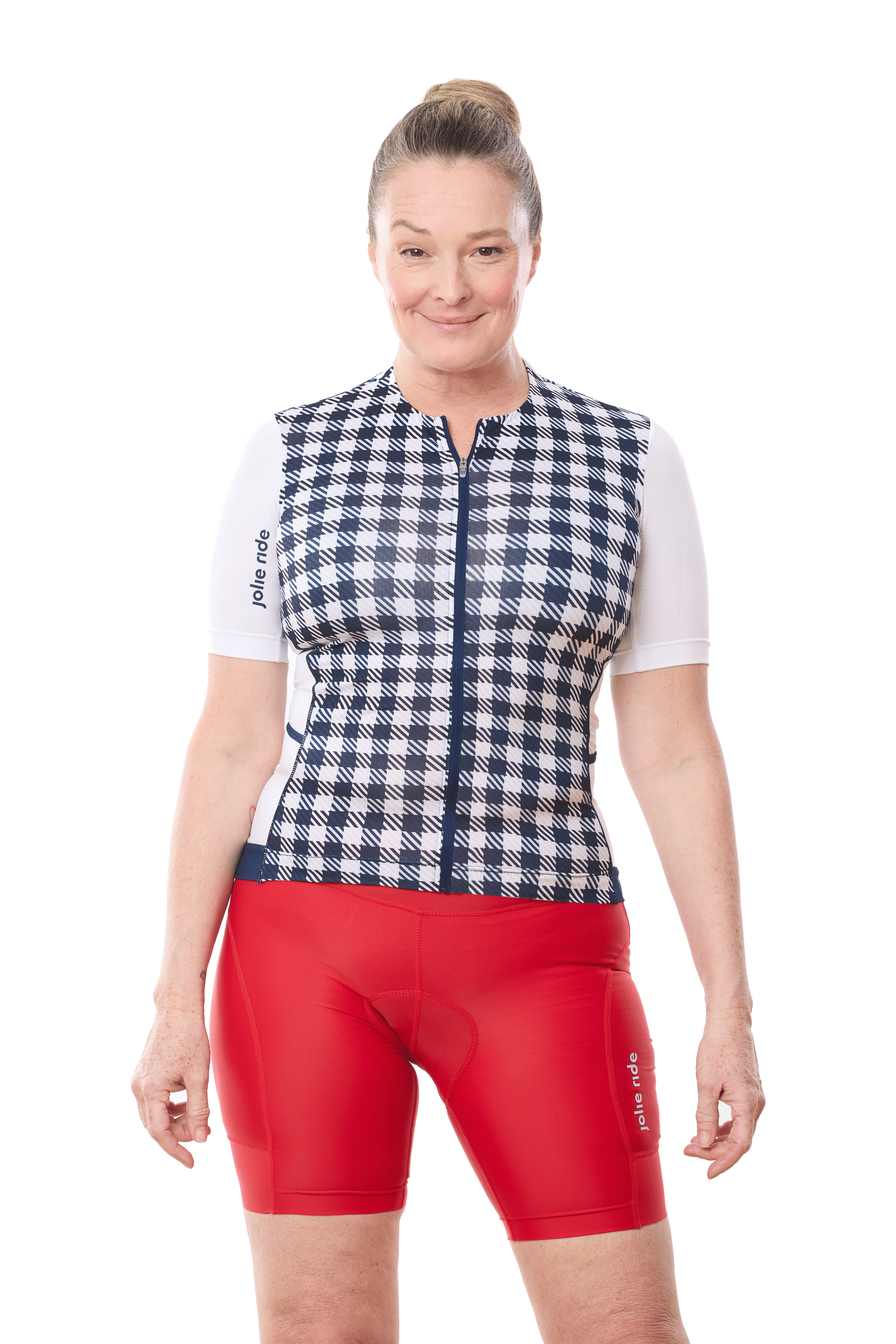 JolieRide Jersey Navy Gingham / XS low collar cycling jersey with UV protection & storage pockets (2025)