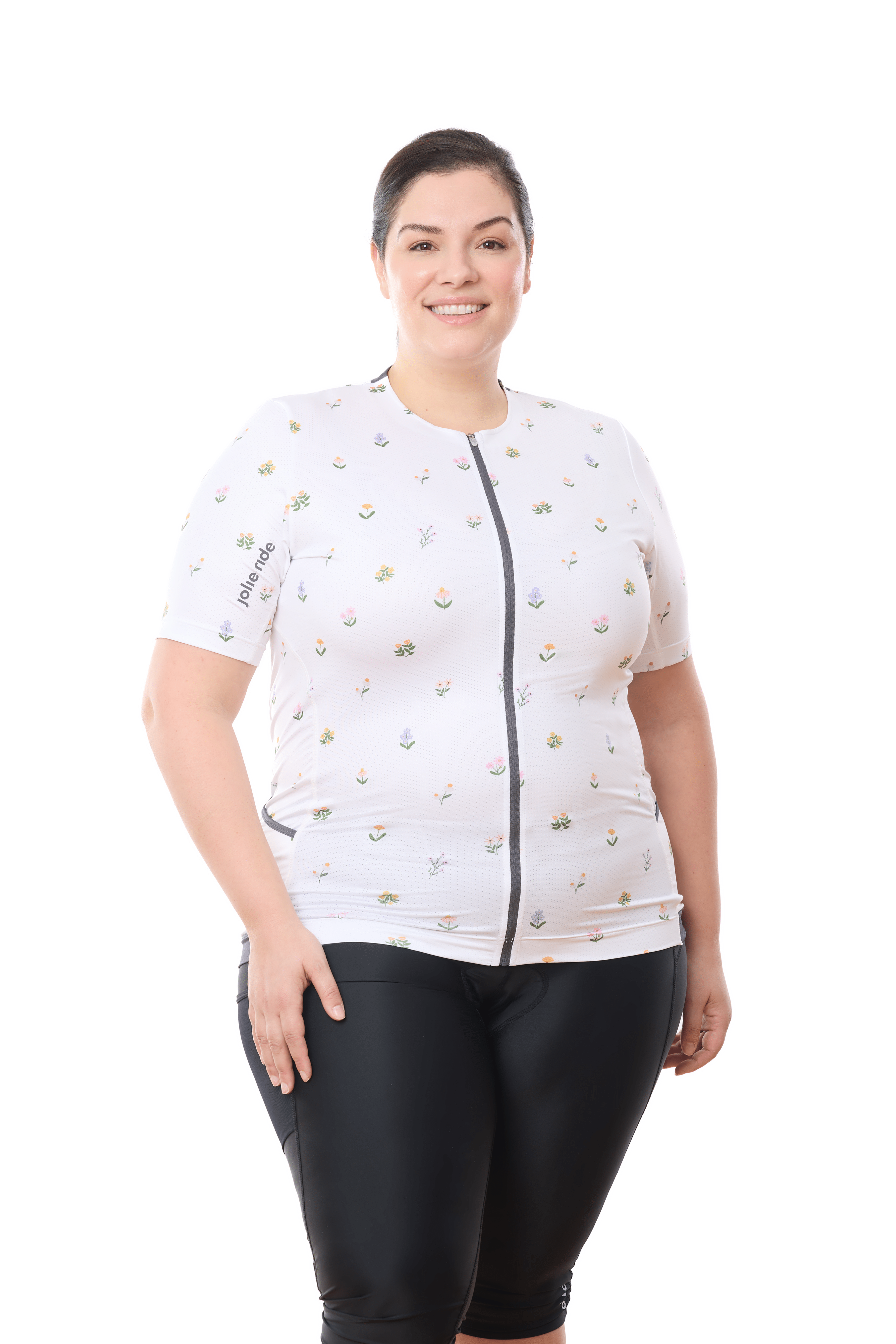 JolieRide Jersey White Floral / 1X Women's UV Protective Low Collar Cycling Jersey with Arm Warmers