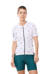 JolieRide Jersey White Floral / XS low collar cycling jersey with UV protection & storage pockets (2025)