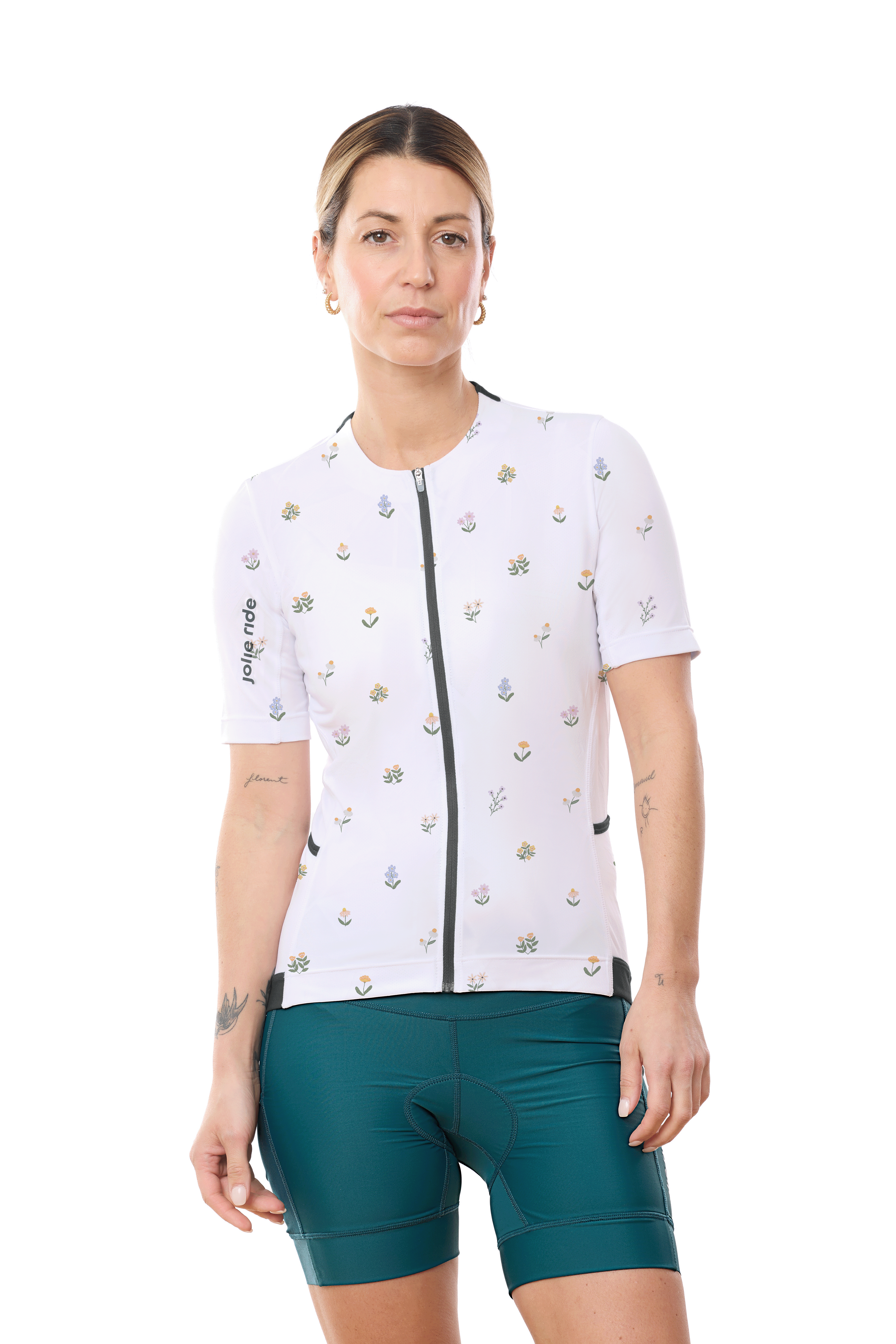 JolieRide Jersey White Floral / XS low collar cycling jersey with UV protection & storage pockets (2025)
