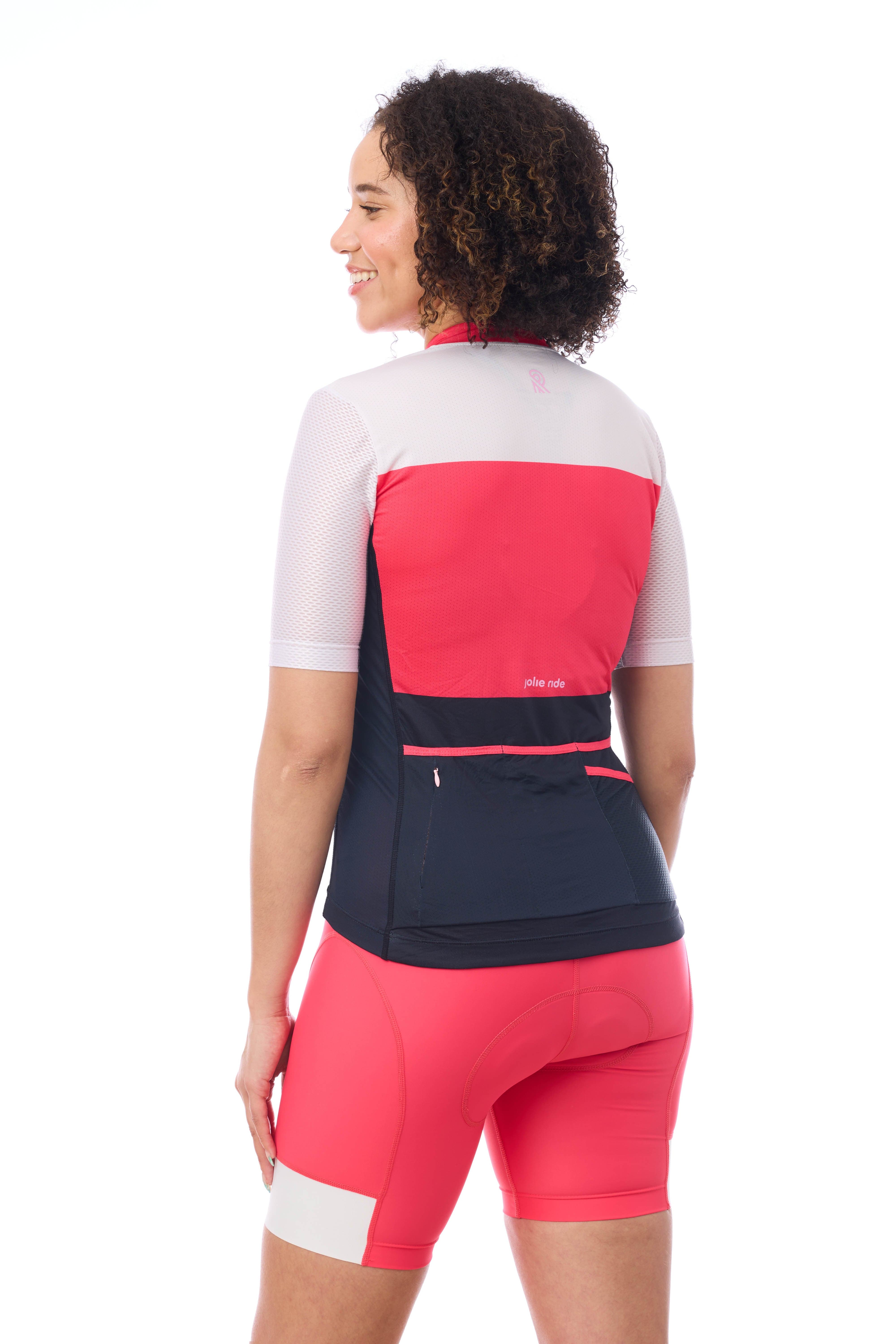 JolieRide Jersey women's colorblock cycling jersey with UV protection, breathability, and storage