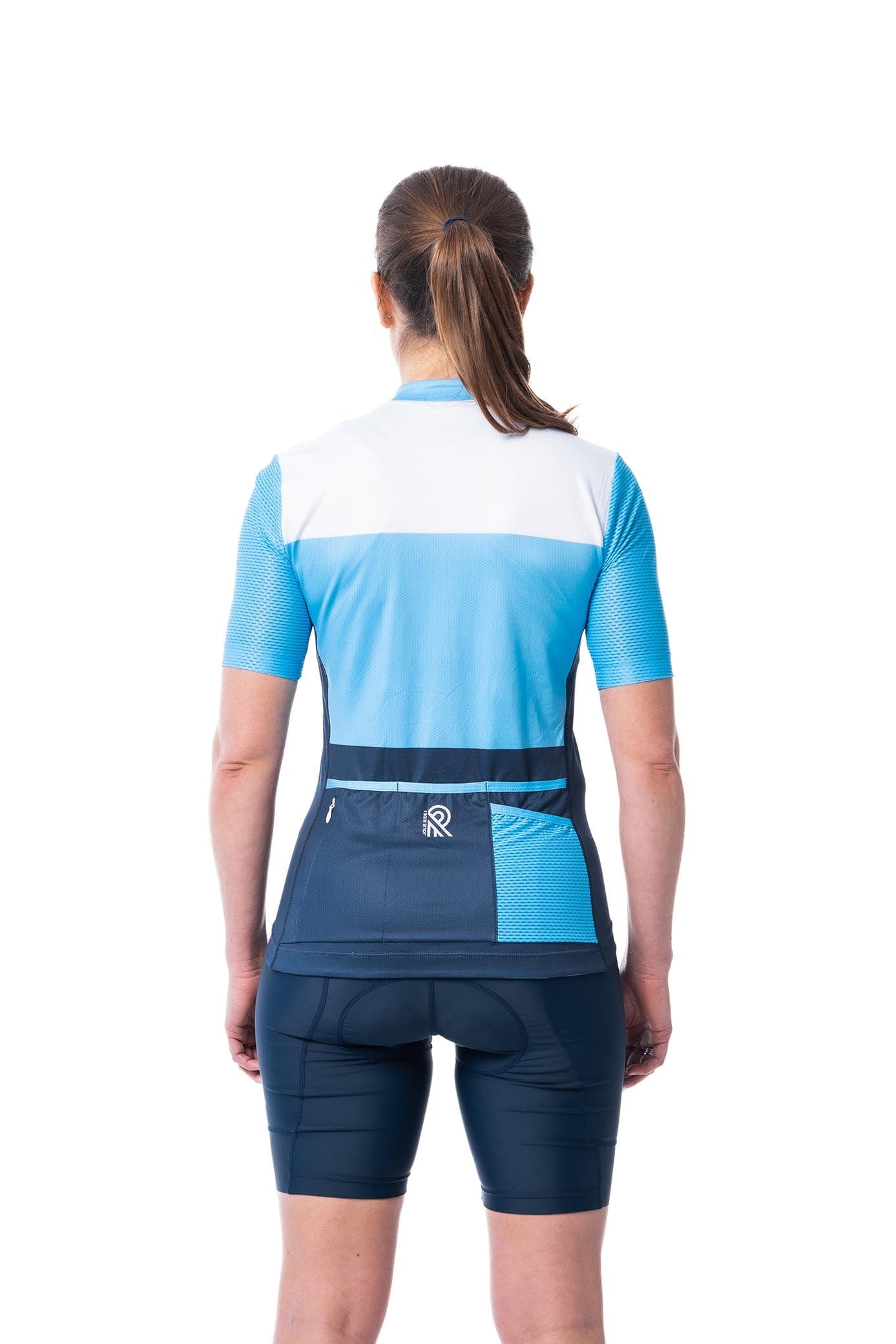 JolieRide Jersey women's colorblock cycling jersey with UV protection, breathability, and storage