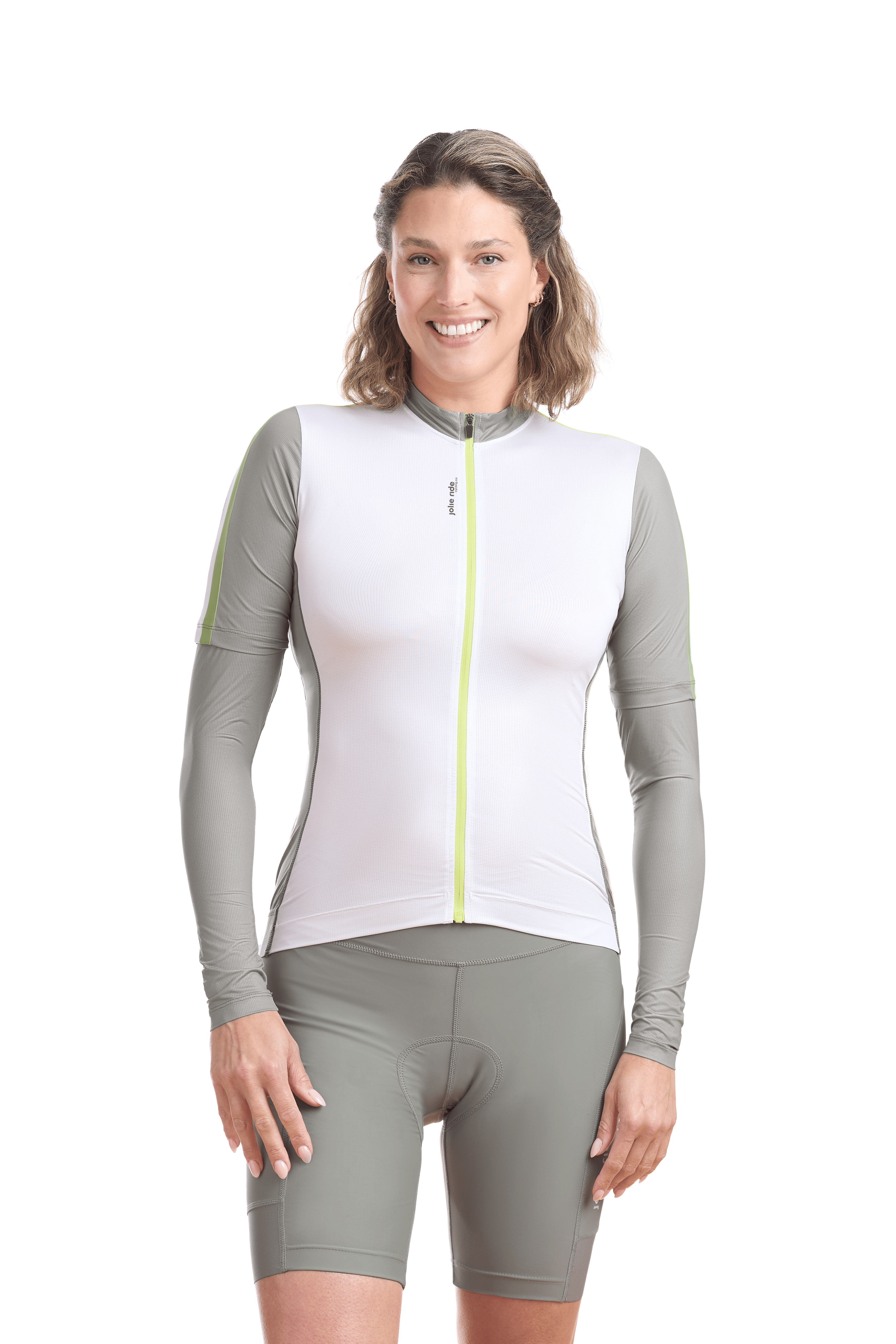 JolieRide Jersey Women’s Lightweight Cycling Jersey with 5 Pockets #color_Bone-and-avocado, Blanc-Et-avocado