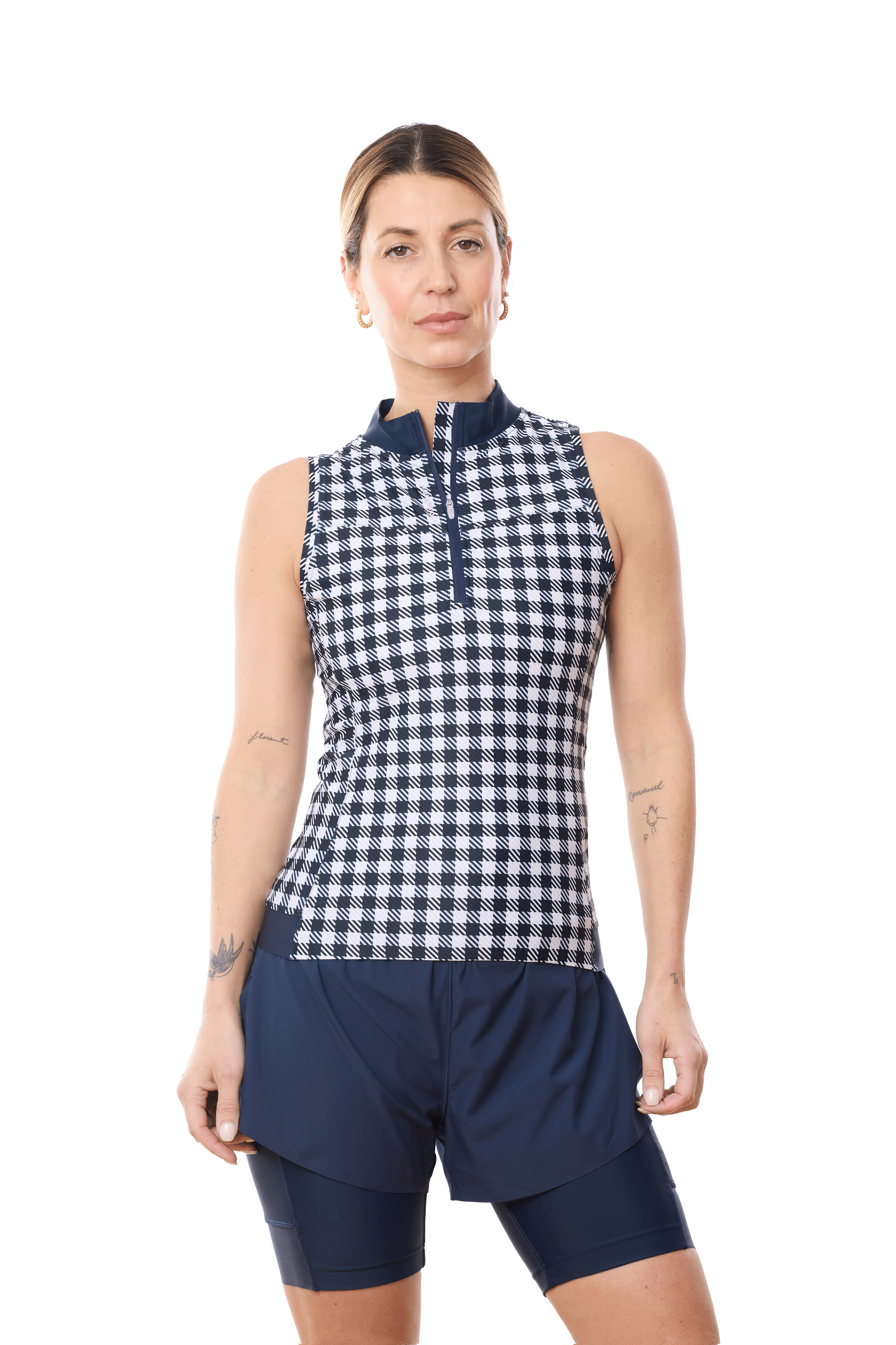 JolieRide Tank top Navy Gingham / XS Women's Half Zip Tank Top - Performance, Style & Comfort